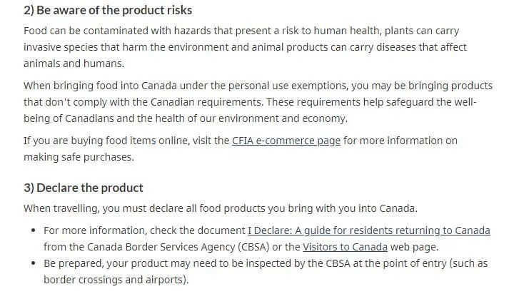 加拿大食品检验局关于带食物入境加拿大的官方规定