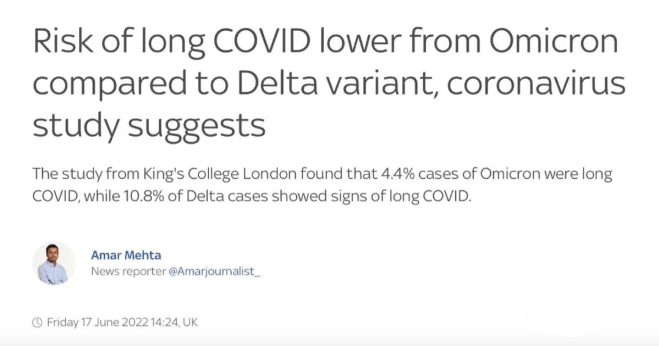 KCL：感染Omicron后出现新冠长期症状的风险要低于Delta